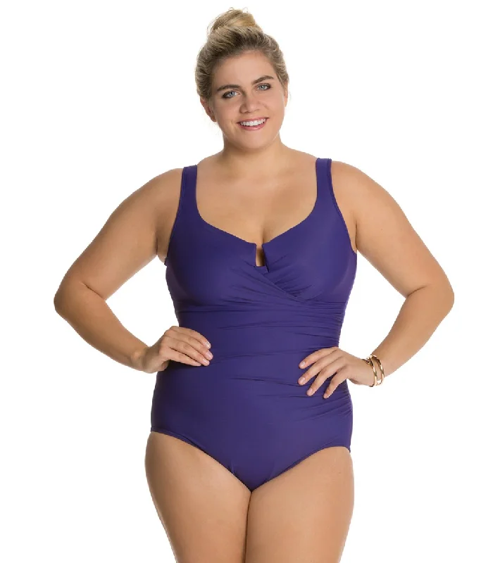 Miraclesuit Plus Size Solid Escape One Piece Swimsuit  Eggplant Floral Swimwear Set