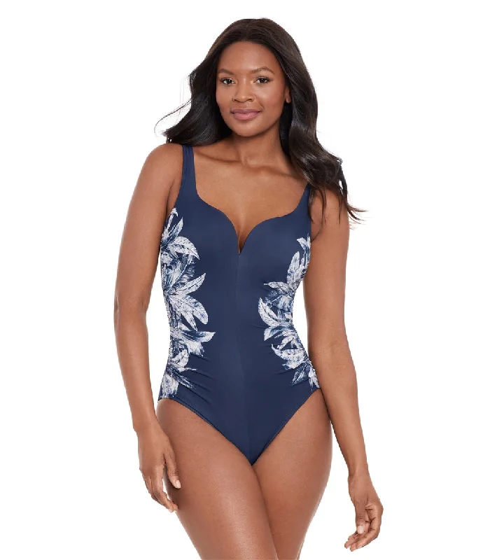 Miraclesuit Women's Tropica Toile Temptress One Piece Swimsuit Midnight Sporty Racerback Swimsuit