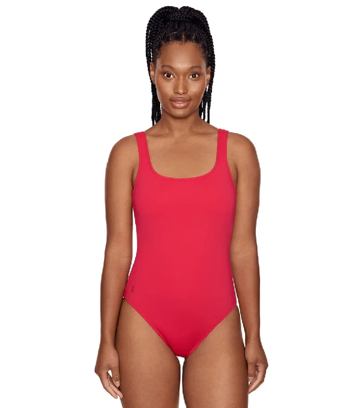 Polo Ralph Lauren Women's Martinique One Piece Swimsuit Cherry Red Button-Front Swimsuit