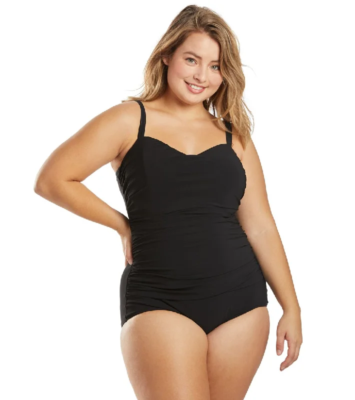 Profile by Gottex Plus Size Tutti Frutti Underwire Shirred One Piece Swimsuit Black Halter Top Bikini