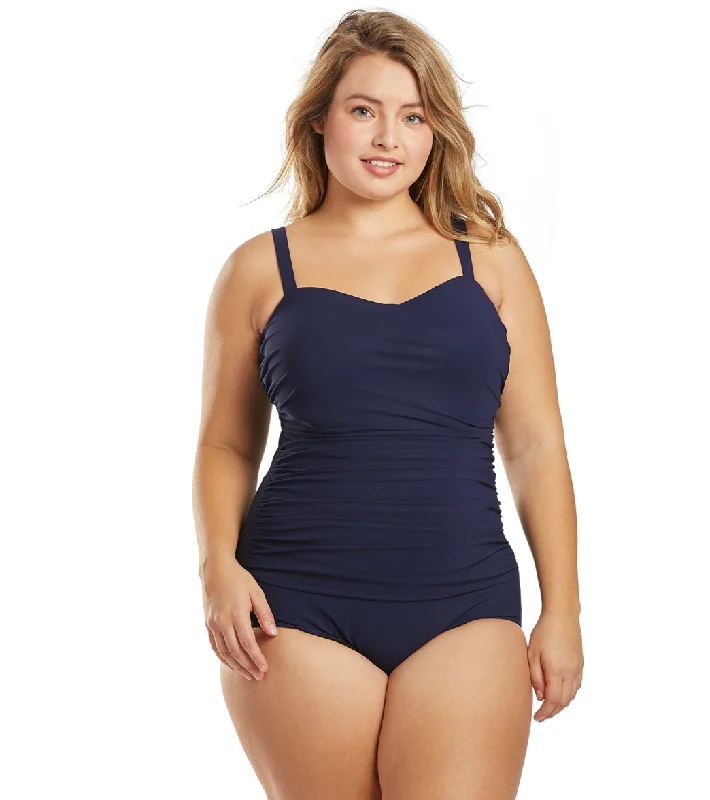 Profile by Gottex Plus Size Tutti Frutti Underwire Shirred One Piece Swimsuit Navy Full Coverage Swimsuit