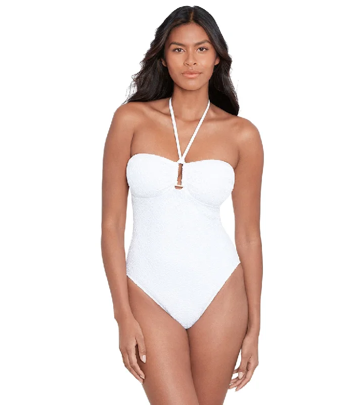 Ralph Lauren Women's Crochet Ring Bandeau One Piece Swimsuit White Halter Neck Swimsuit