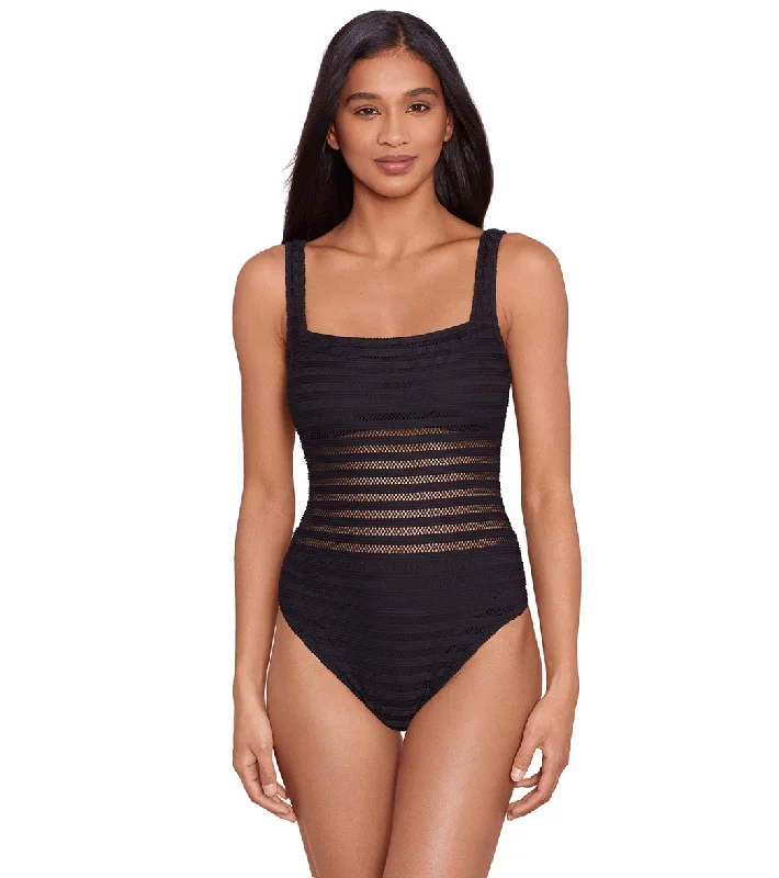 Ralph Lauren Women's Ottoman Mesh Square Neck One Piece Swimsuit Black Quick-Dry Tankini