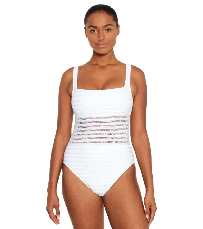 Ralph Lauren Women's Ottoman Mesh Square Neck One Piece Swimsuit White Plunge Back Swimsuit