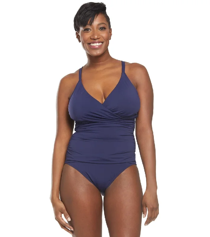 Tommy Bahama Pearl Solids Cross Front One Piece Swimsuit (D/DD Cup) Mare Navy Classic Monokini Design