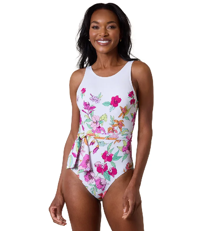 Tommy Bahama Women's Summer Floral Belted High Neck One Piece Swimsuit White Sleek Racerback Swimsuit