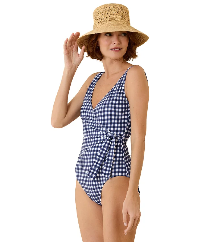 Tommy Bahama Women's Summer Floral Gingham Wrap Front One Piece Swimsuit Mare Navy Chic Bikini Set