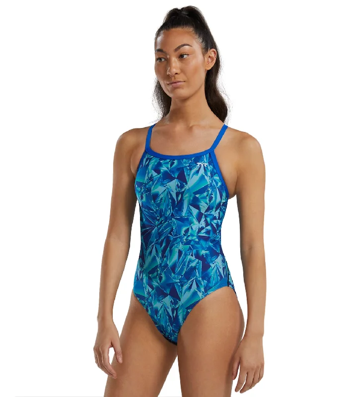 TYR Women's Crystalized Durafast Elite Diamondfit One Piece Swimsuit Blue/Green Tie-Back Swimwear