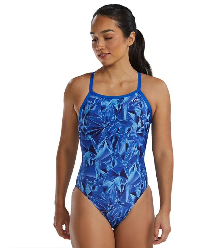 TYR Women's Crystalized Durafast Elite Diamondfit One Piece Swimsuit Blue Modern High-Waisted Swimsuit