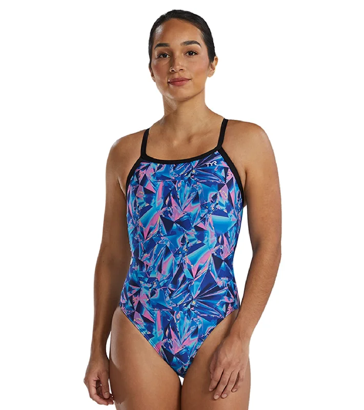 TYR Women's Crystalized Durafast Elite Diamondfit One Piece Swimsuit Navy/Pink V-Neck Swim Dress