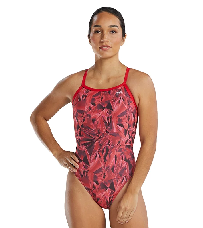 TYR Women's Crystalized Durafast Elite Diamondfit One Piece Swimsuit Red Cross-Back Bikini